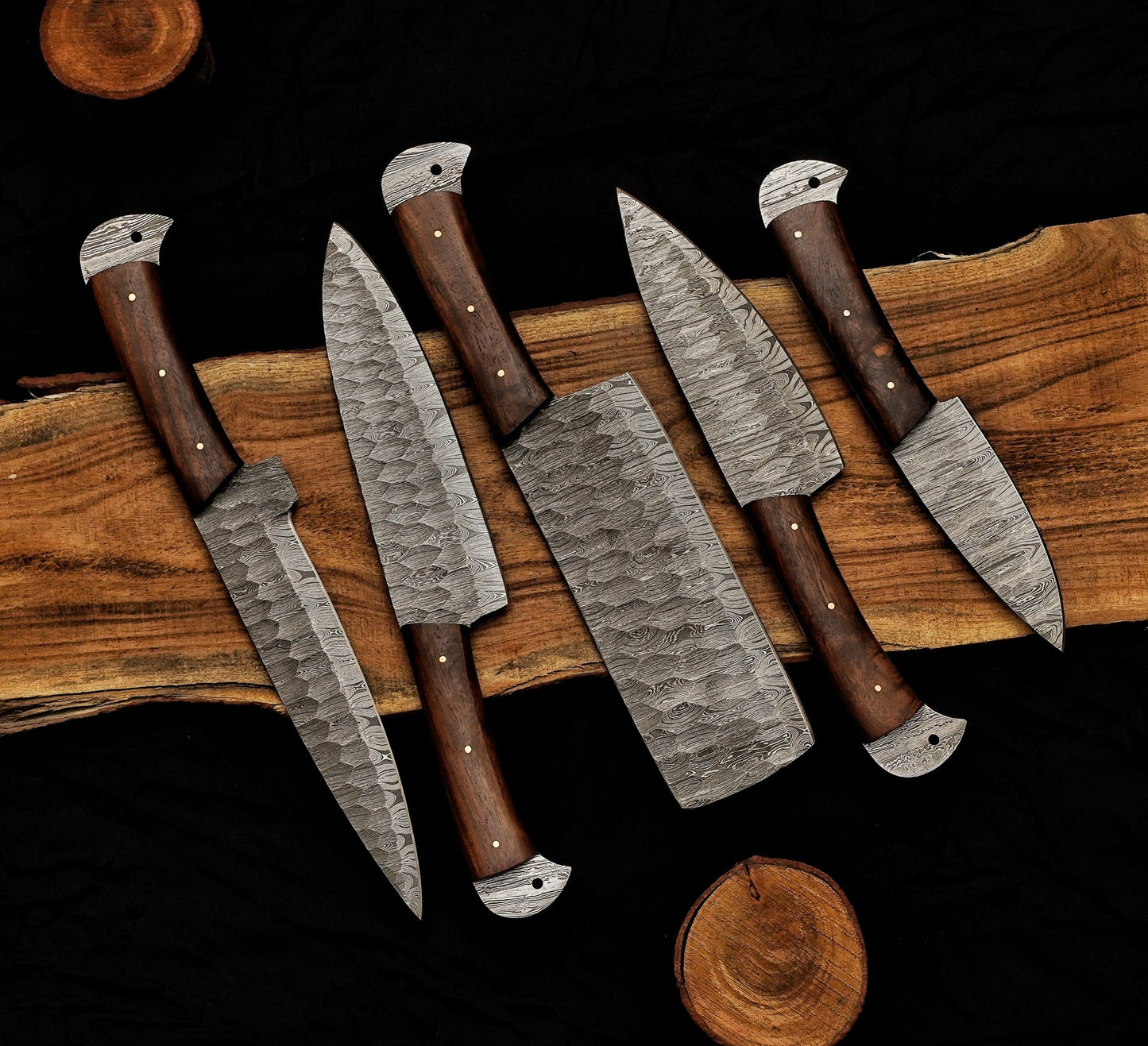 Black Rose 5-Piece Damascus Knife Set and Leather Roll Bag