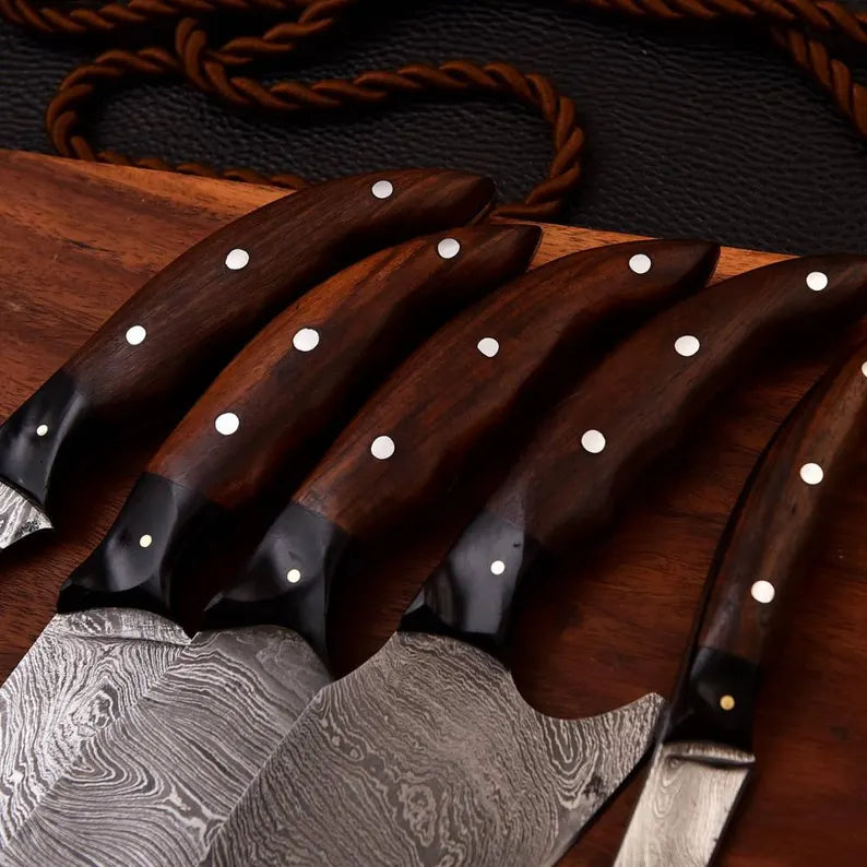 Eclipse 5-Piece Damascus Knife Set and Leather Roll Bag