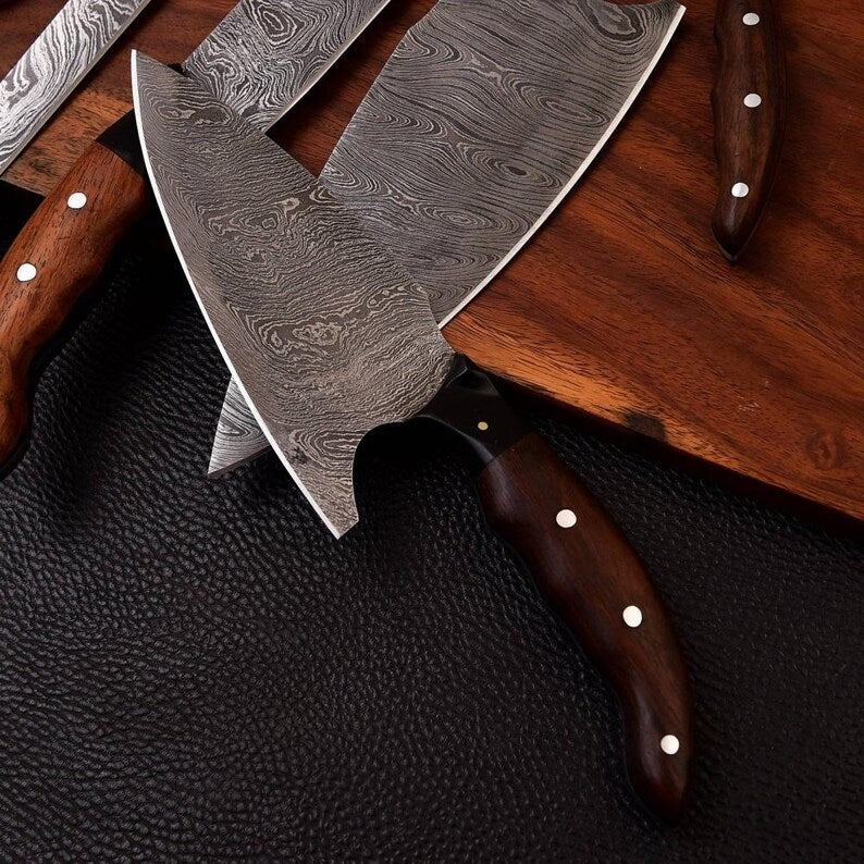 Eclipse 5-Piece Damascus Knife Set and Leather Roll Bag