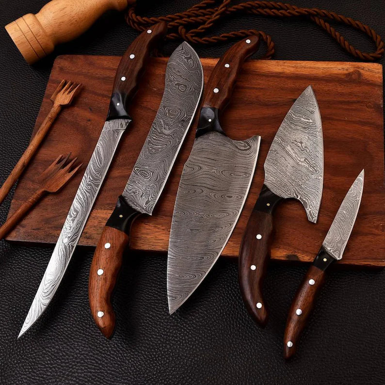 Eclipse 5-Piece Damascus Knife Set and Leather Roll Bag