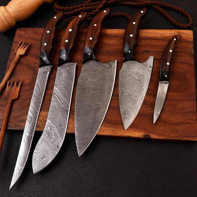 Eclipse 5-Piece Damascus Knife Set and Leather Roll Bag