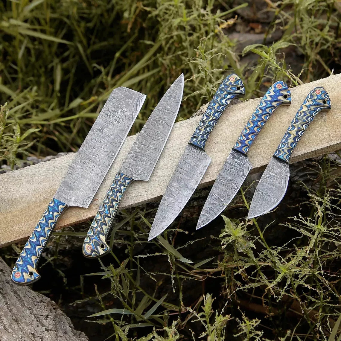 Zigzag 5-Piece Damascus Knife Set and Leather Roll Bag