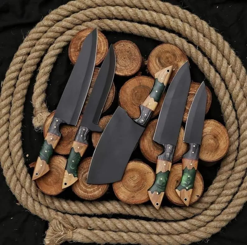 Forest Wood 5-Piece Black Damascus Steel Knife Set