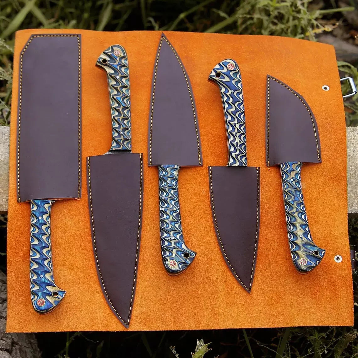 Zigzag 5-Piece Damascus Knife Set and Leather Roll Bag