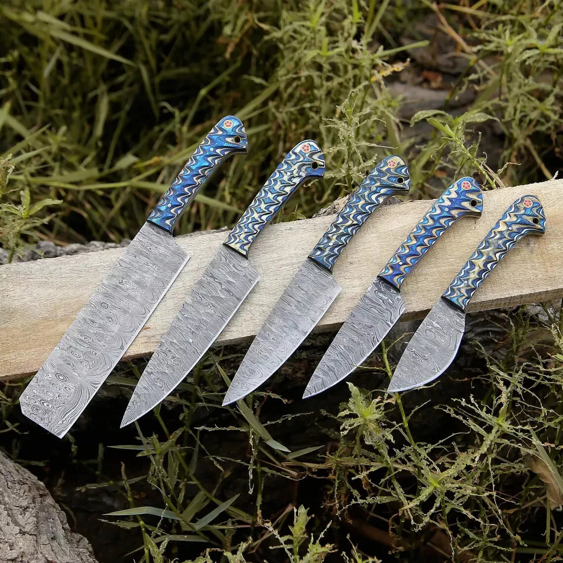 Zigzag 5-Piece Damascus Knife Set and Leather Roll Bag