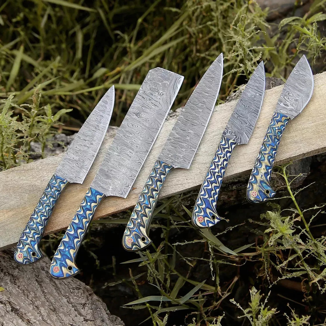 Zigzag 5-Piece Damascus Knife Set and Leather Roll Bag