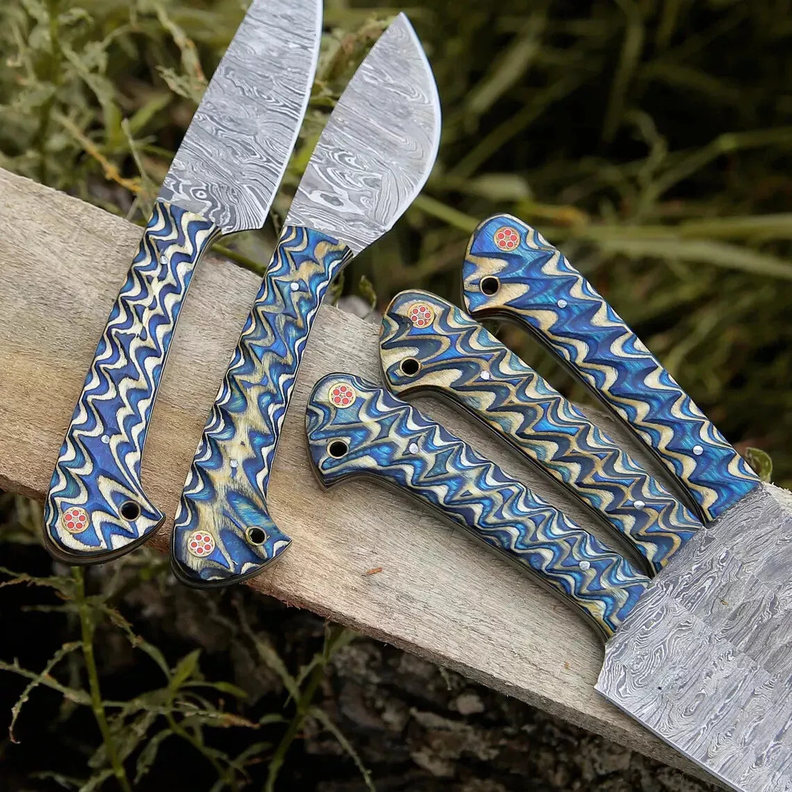 Zigzag 5-Piece Damascus Knife Set and Leather Roll Bag