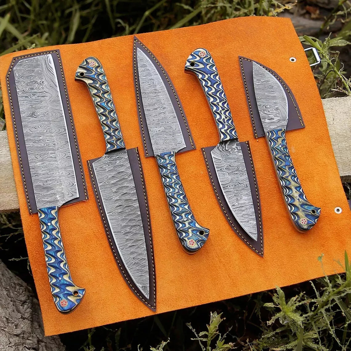 Zigzag 5-Piece Damascus Knife Set and Leather Roll Bag