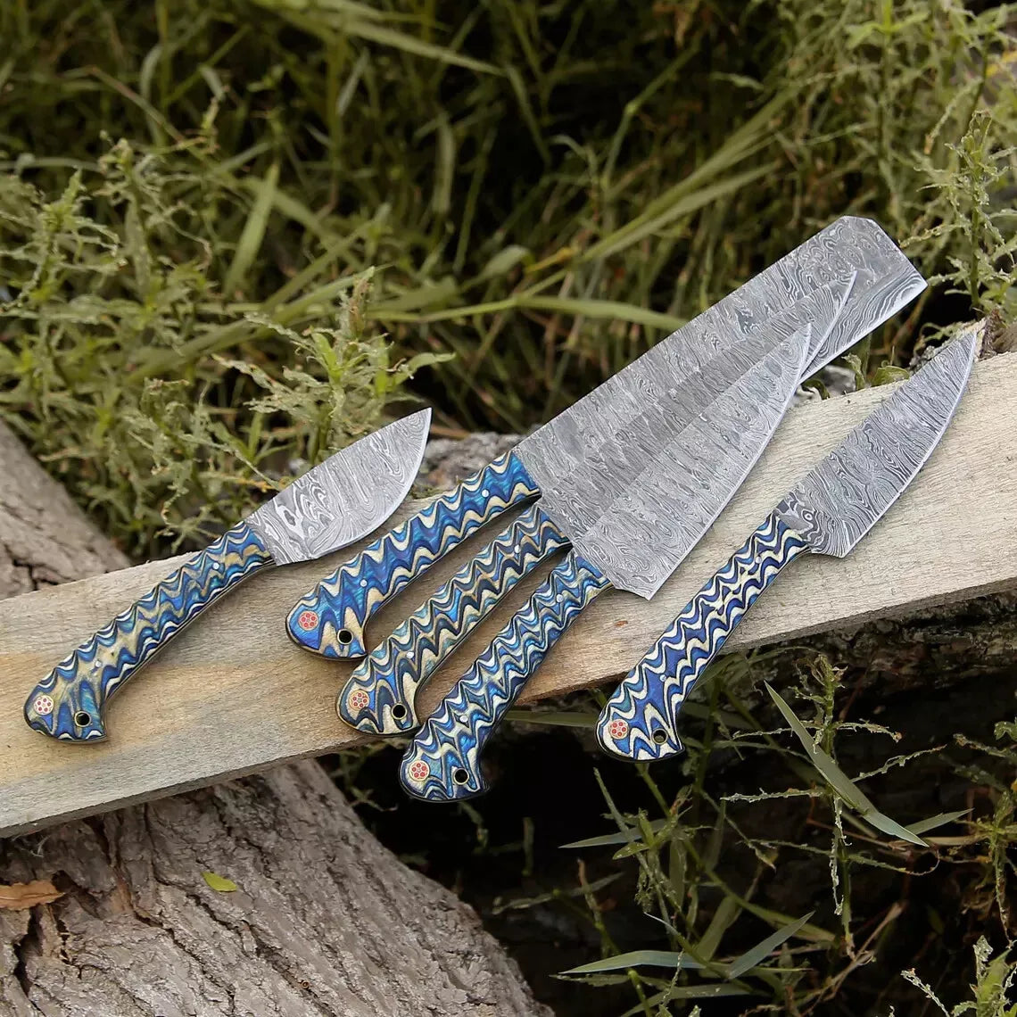 Zigzag 5-Piece Damascus Knife Set and Leather Roll Bag