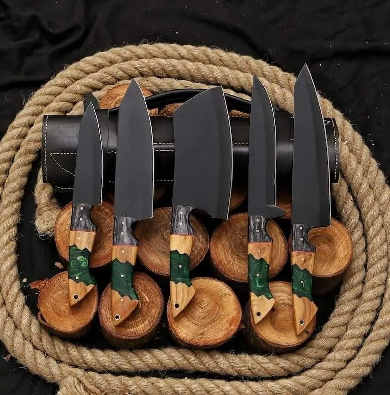 Forest Wood 5-Piece Black Damascus Steel Knife Set
