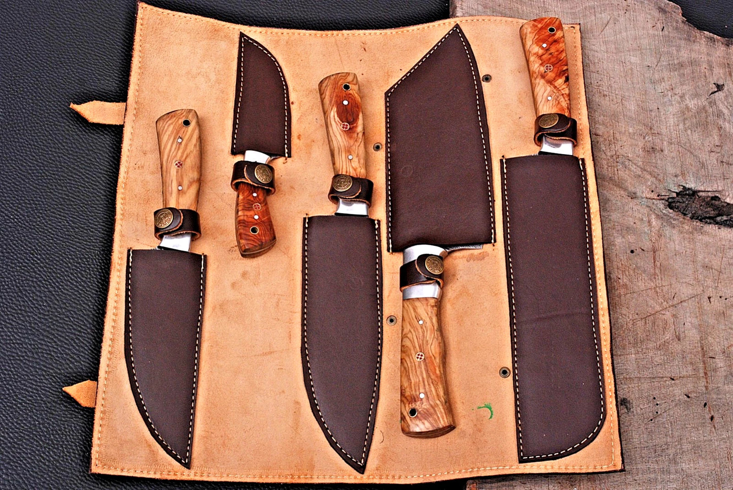 Kurogane 5-Piece Damascus Steel Knife Set and Leather Roll Bag