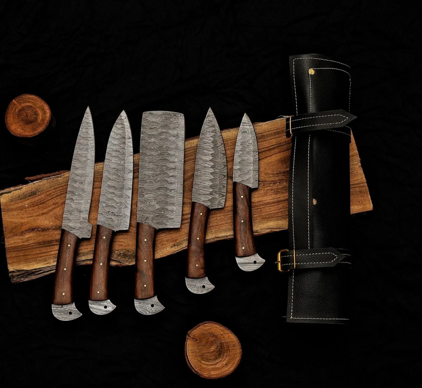 Classic 5-Piece Damascus Steel Knife Set and Leather Roll Bag