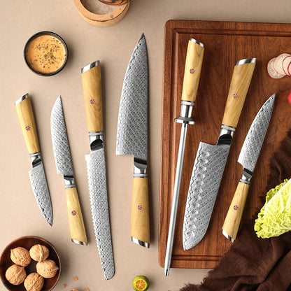 Kibou 7-Piece Damascus Steel Knife Set with Olive Wood Handles