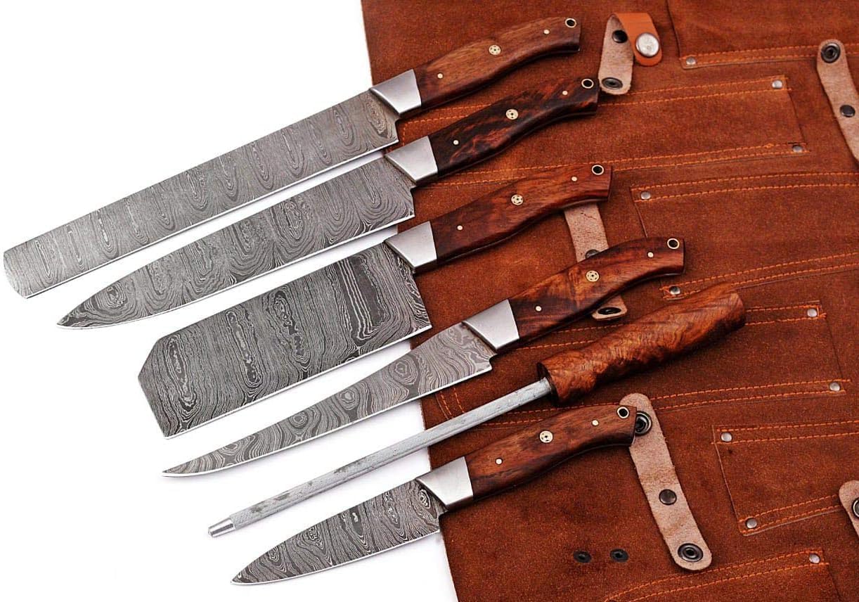 Brown Wood 6-Piece Damascus Steel Knife Set and Leather Roll Bag