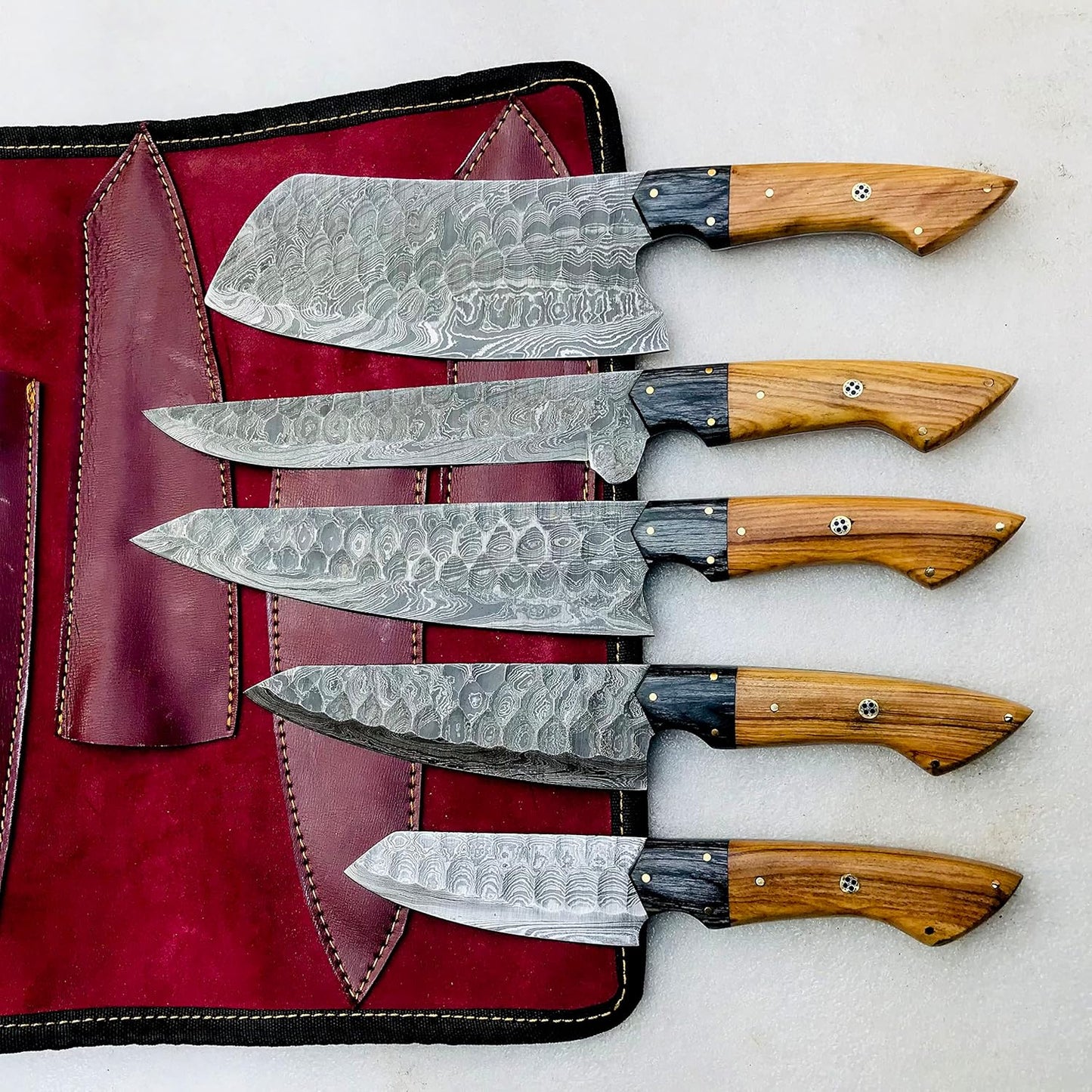 Tribune 5-Piece Damascus Knife Set and Leather Roll Bag