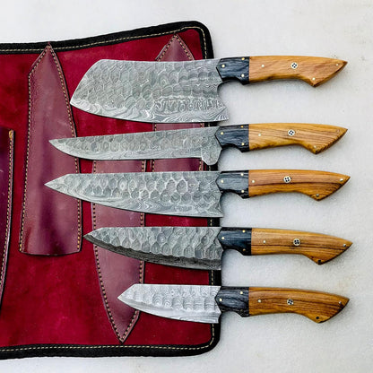 Tribune 5-Piece Damascus Knife Set and Leather Roll Bag