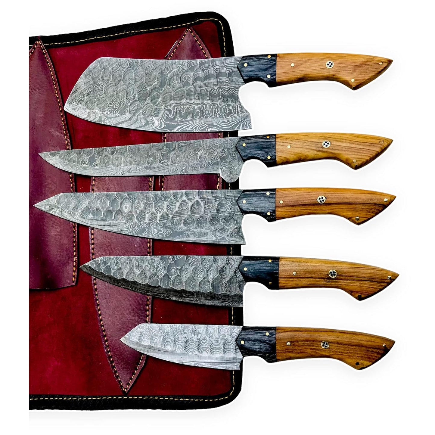 Tribune 5-Piece Damascus Knife Set and Leather Roll Bag