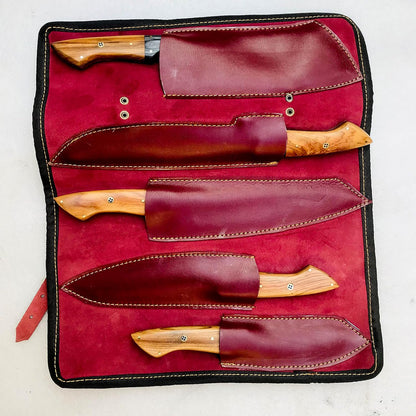 Tribune 5-Piece Damascus Knife Set and Leather Roll Bag