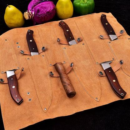 Brown Wood 6-Piece Damascus Steel Knife Set and Leather Roll Bag