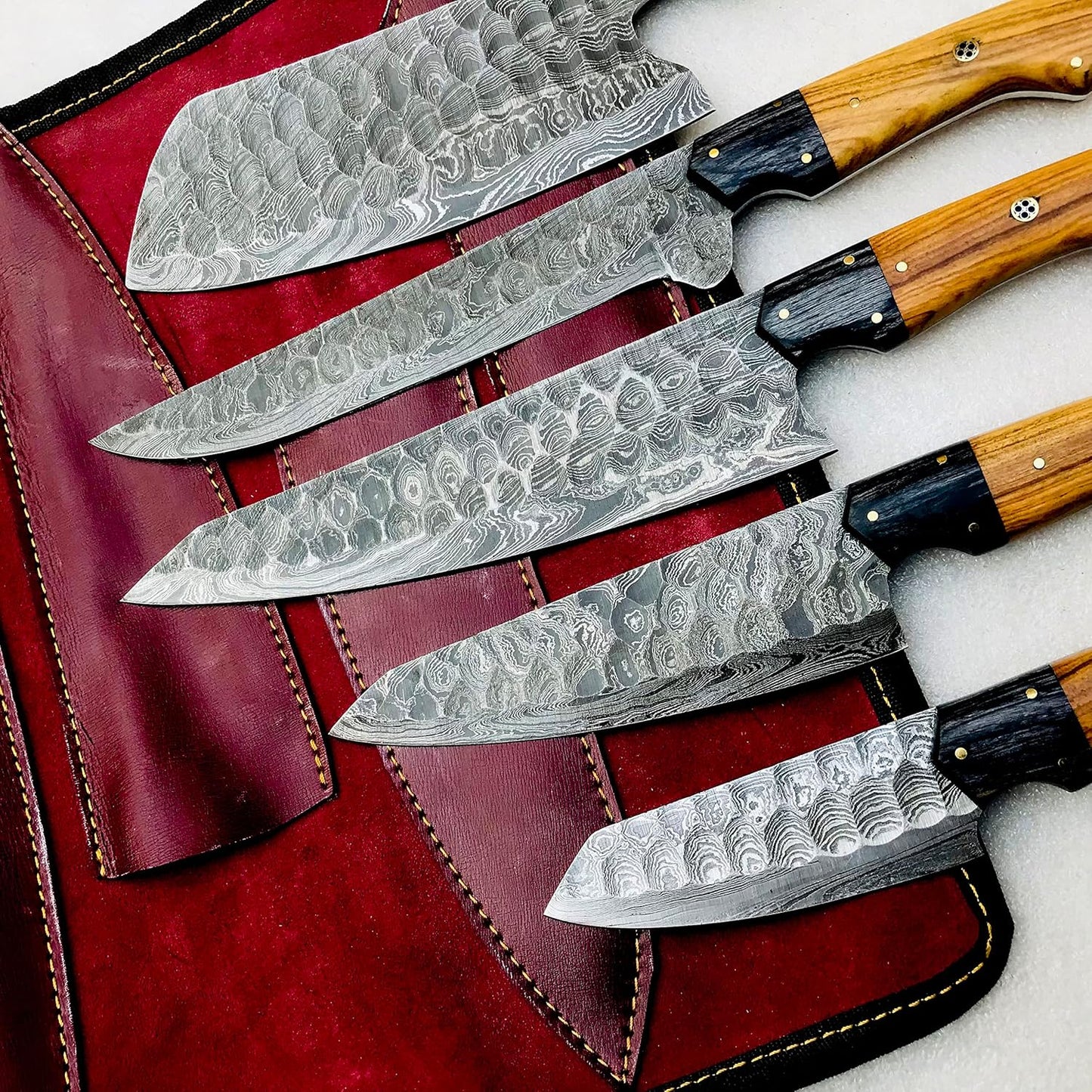 Tribune 5-Piece Damascus Knife Set and Leather Roll Bag