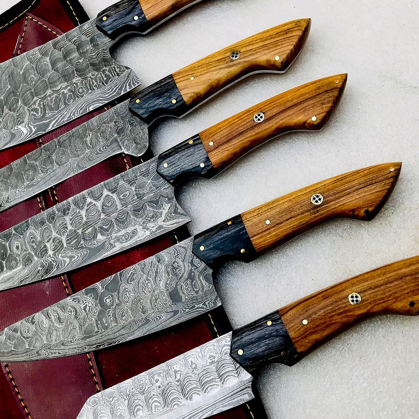 Tribune 5-Piece Damascus Knife Set and Leather Roll Bag