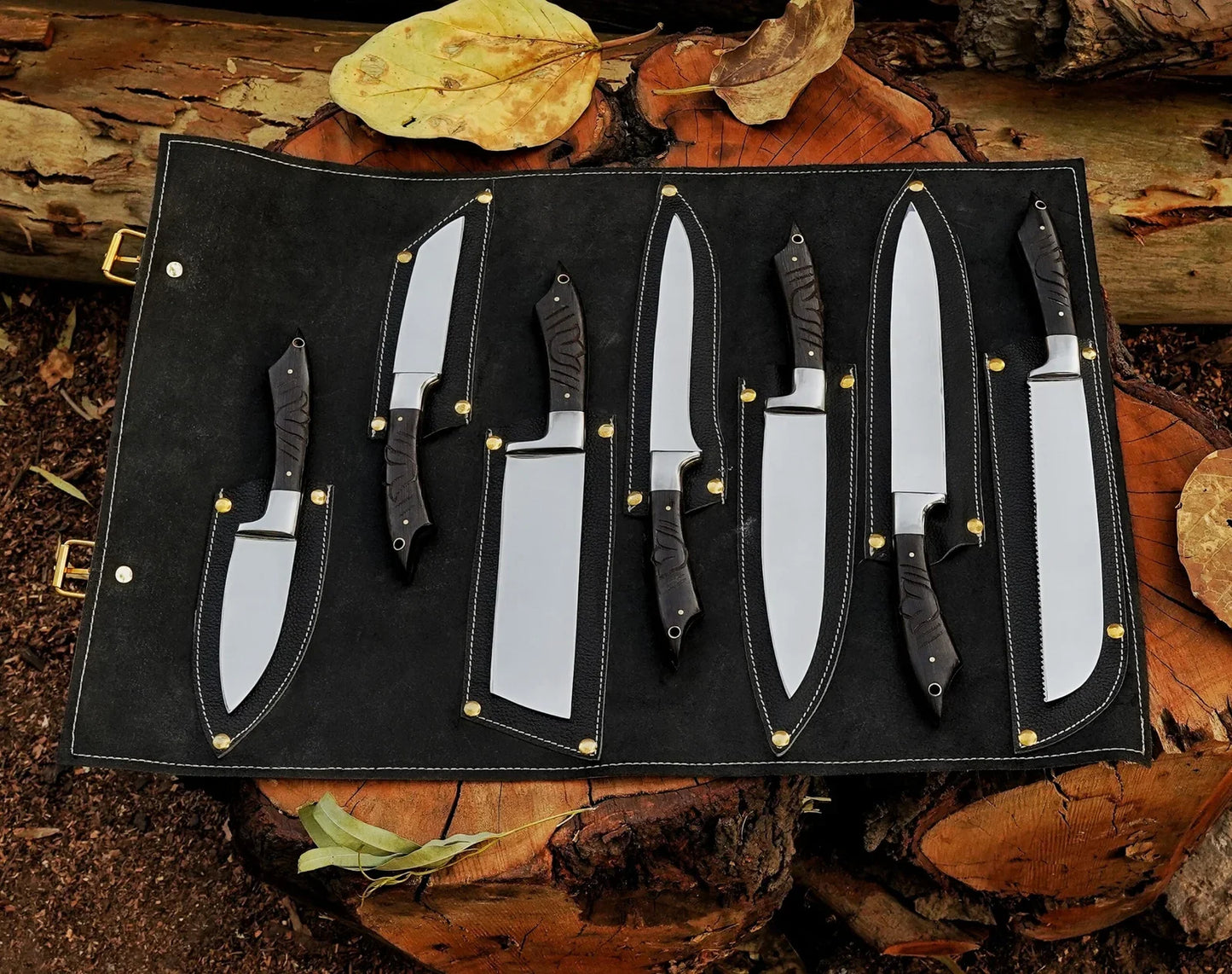 Black Rose 7-Piece J2 Steel Knives Set and Leather Roll Bag