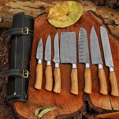 Ergo Wooden 7-Piece Damascus Knife Set and Leather Roll Bag