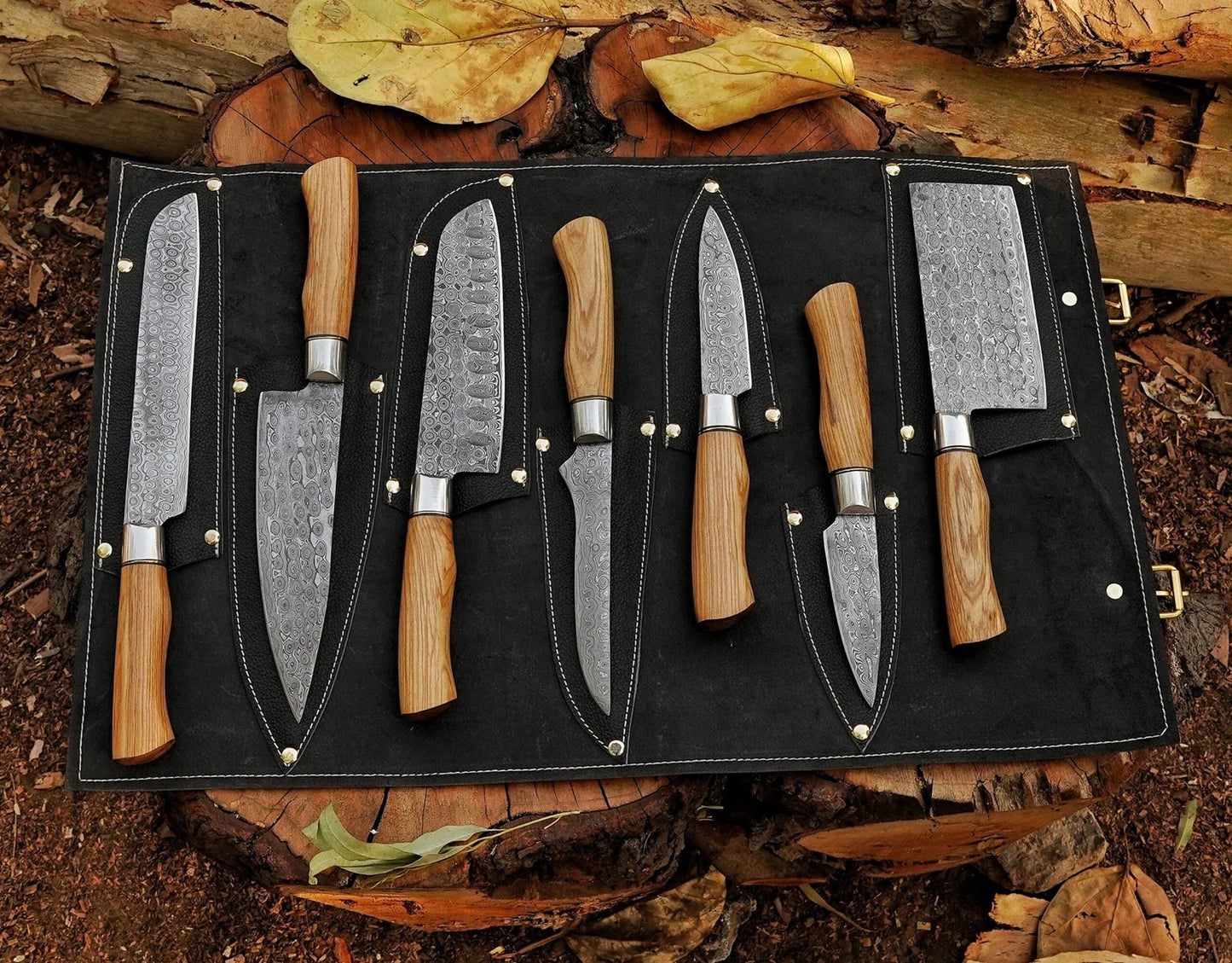 Ergo Wooden 7-Piece Damascus Knife Set and Leather Roll Bag