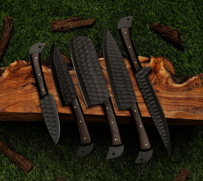 The Dark 5-Piece Black Damascus Knife Set and Leather Roll Bag