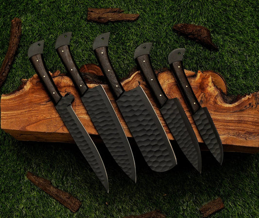 The Dark 5-Piece Black Damascus Knife Set and Leather Roll Bag