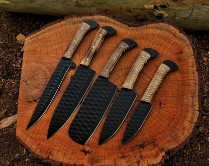 Rose Wood 5-Piece Black Damascus Steel Knife Set and Leather Roll Bag