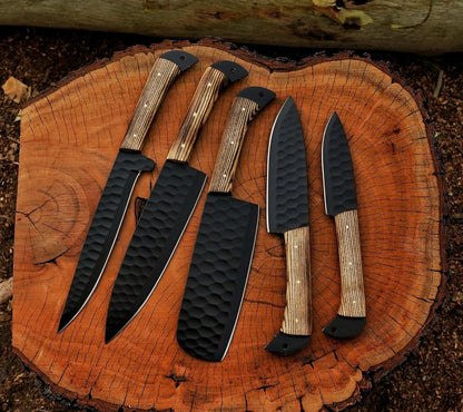 Rose Wood 5-Piece Black Damascus Steel Knife Set and Leather Roll Bag