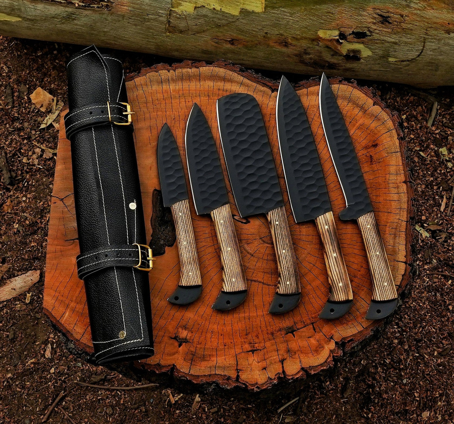 Rose Wood 5-Piece Black Damascus Steel Knife Set and Leather Roll Bag