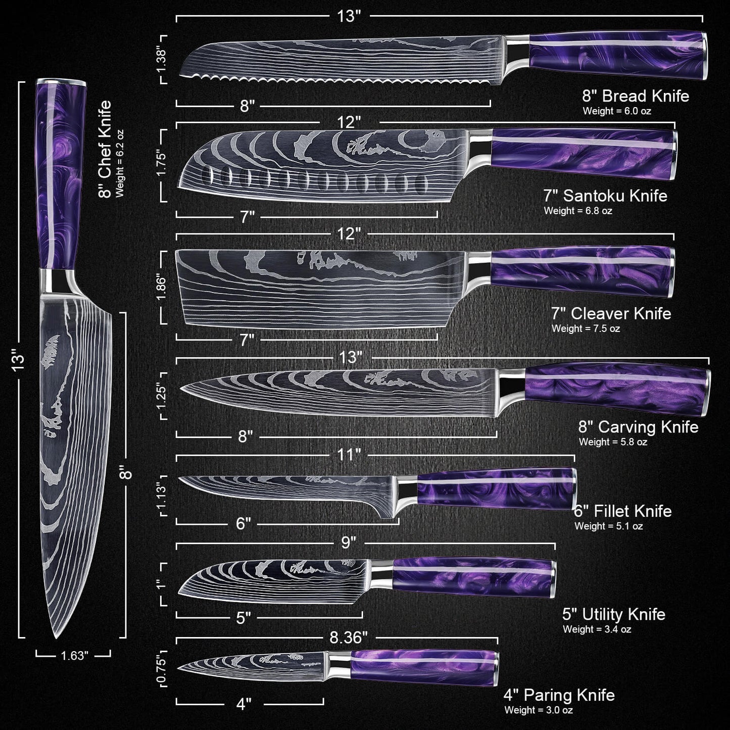 Amethyne 8-Piece Damascus Steel Knife Set