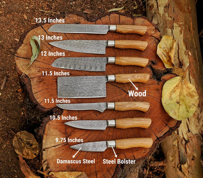 Ergo Wooden 7-Piece Damascus Knife Set and Leather Roll Bag