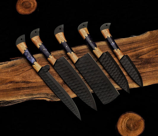 Onyx Wood 5-Piece Black Damascus Knife Set