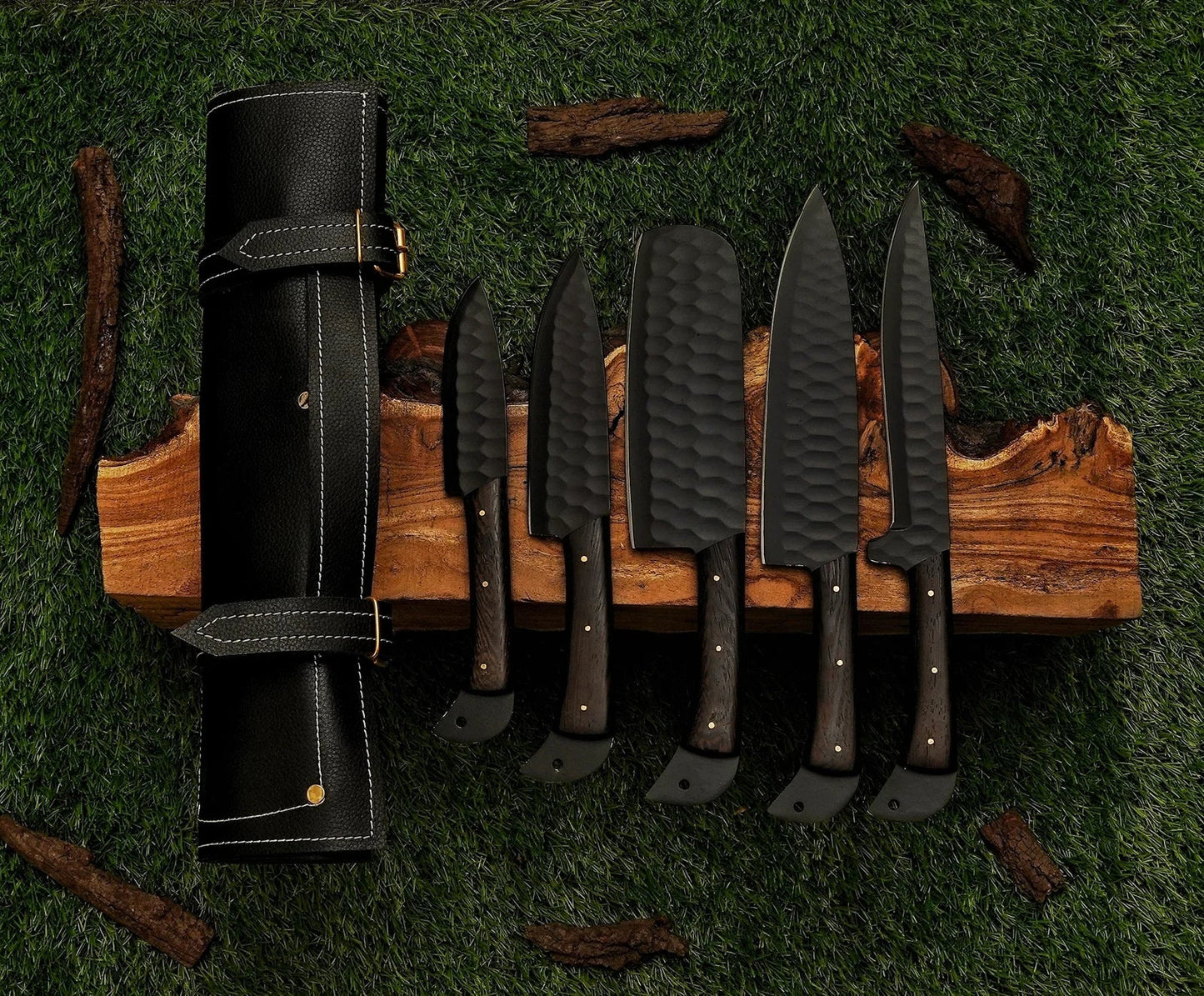 The Dark 5-Piece Black Damascus Knife Set and Leather Roll Bag