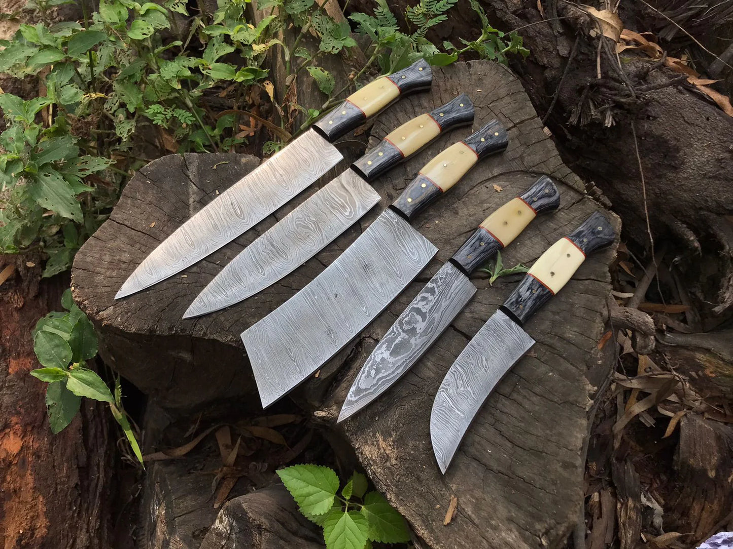 Mordern 5-Piece Damascus Steel Knife Set and Leather Roll Bag