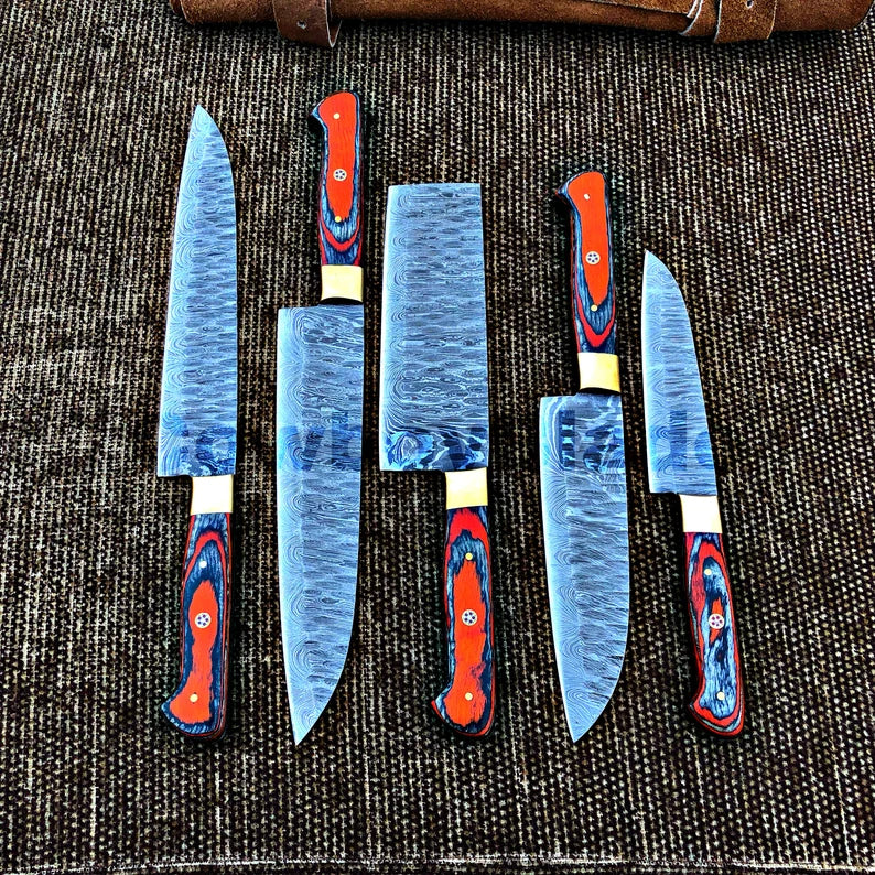 Mosaic 5-Piece Damascus Knife Set and Leather Roll Bag