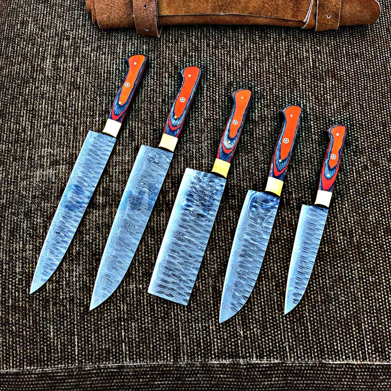 Mosaic 5-Piece Damascus Knife Set and Leather Roll Bag