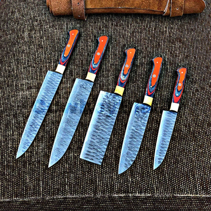 Mosaic 5-Piece Damascus Knife Set and Leather Roll Bag