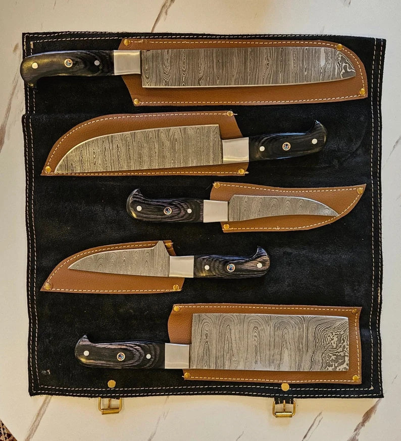 Paramount 5-Piece Damascus Knife Set and Leather Roll Bag