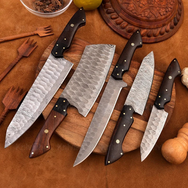 Elegant 5-Piece Damascus Knife Set and Leather Roll Bag