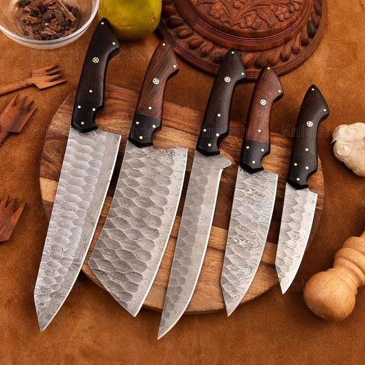 Elegant 5-Piece Damascus Knife Set and Leather Roll Bag