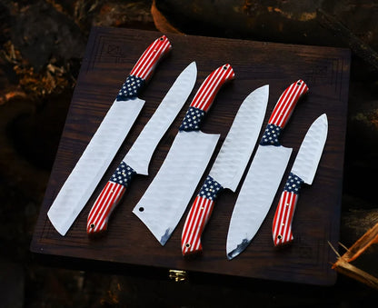 The USA 6-Piece Damascus Knife Set and Leather Roll Bag