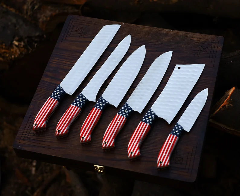 The USA 6-Piece Damascus Knife Set and Leather Roll Bag