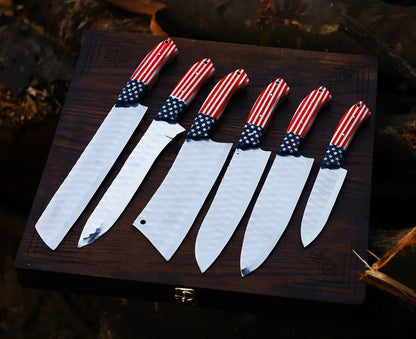 The USA 6-Piece Damascus Knife Set and Leather Roll Bag