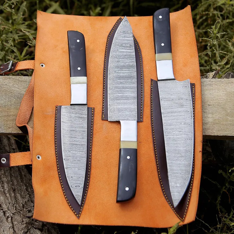 Elite 3-Piece Damascus Knife Set and Leather Roll Bag