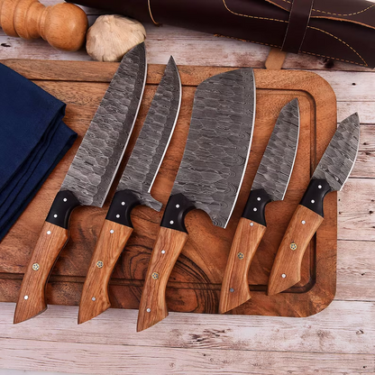 Legacy 5-Piece Damascus Knife Set and Leather Roll Bag