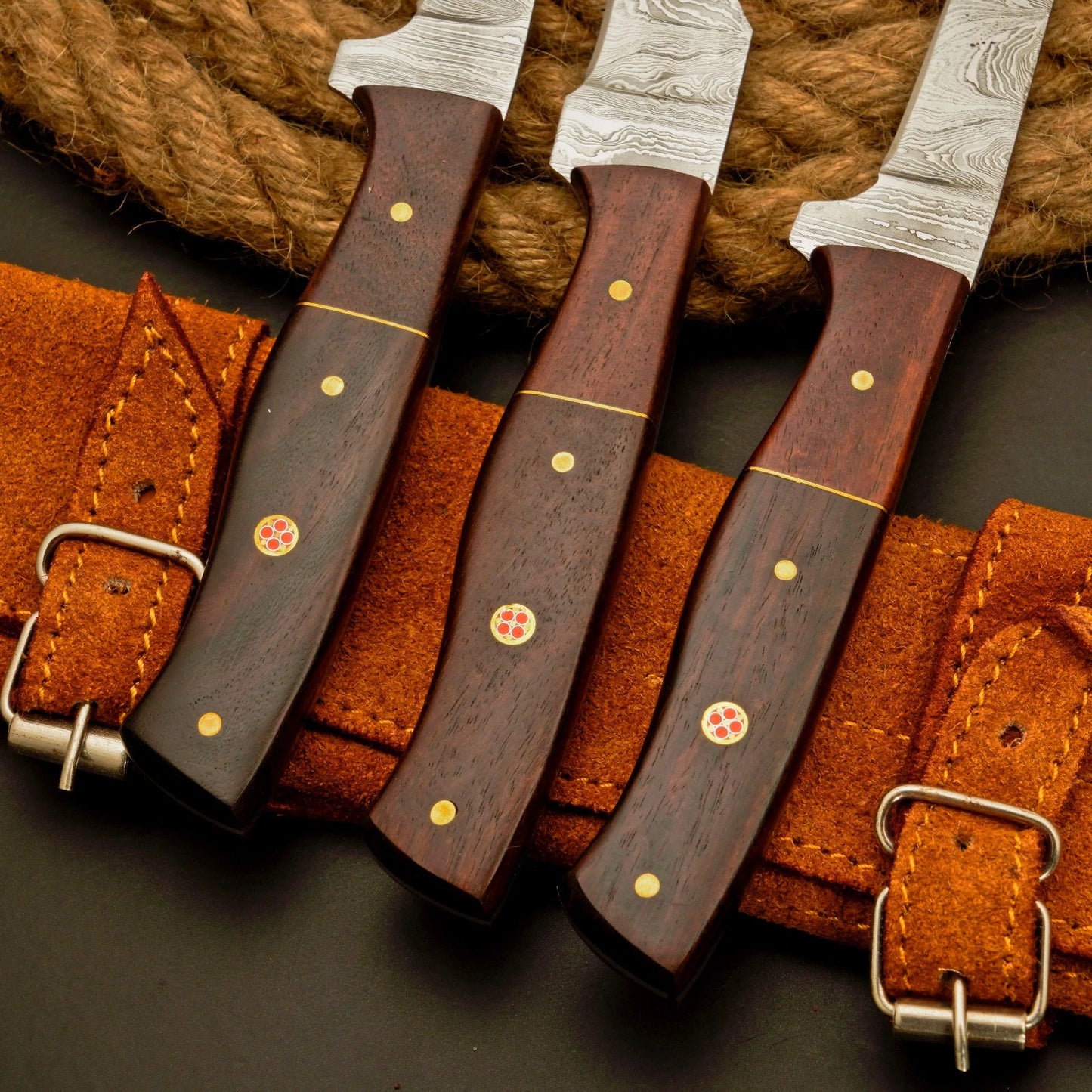 Kaizen 3-Piece Damascus Fillet Knife Set with Leather Roll Bag